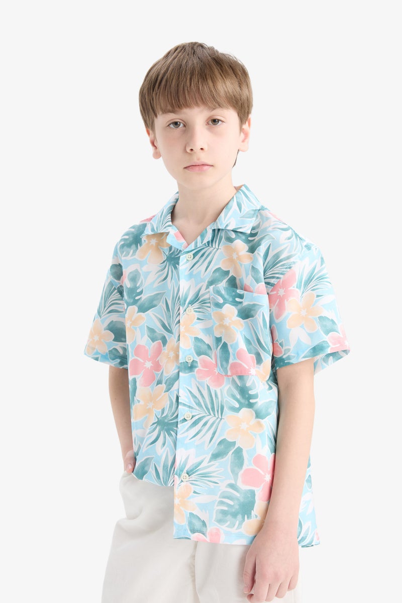 DeFacto Blue Boy Boy Oversize Polo Neck Patterned Cotton Shirt Casual - Image 3